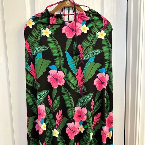 Colleen Lopez Halter Dress Vibrant Hibiscus Rayon Spandex Knee Length Large - Picture 2 of 13